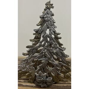 Vintage Metzke Christmas Tree With Birds & Bow Pewter Gold Candle Votive Holder